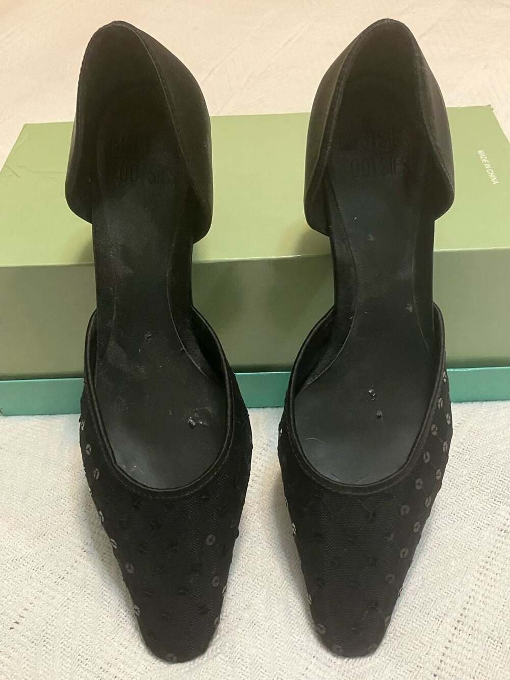 Mootsies Tootsies Black Mesh Sequin Pointed Toe D'Orsay Heels, Size 7